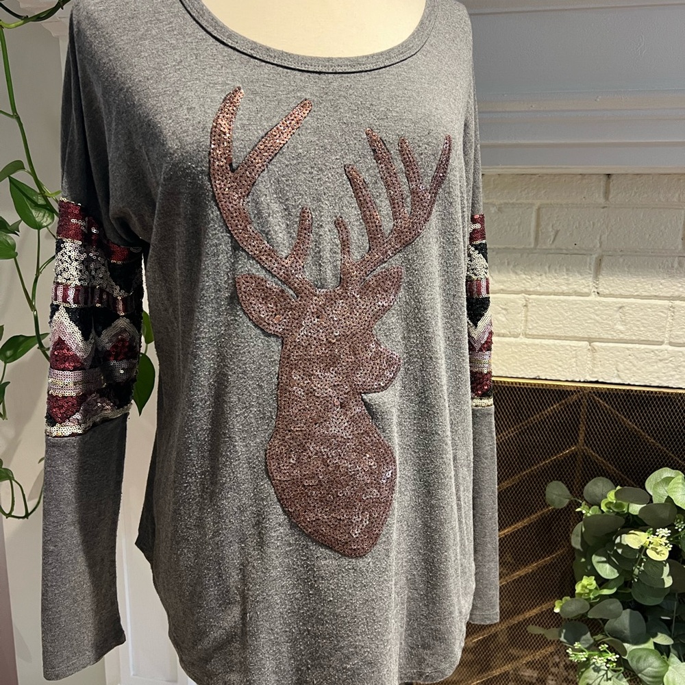 Pink Owl Gray Sequin Deer Long Sleeve Top Small Loose fit